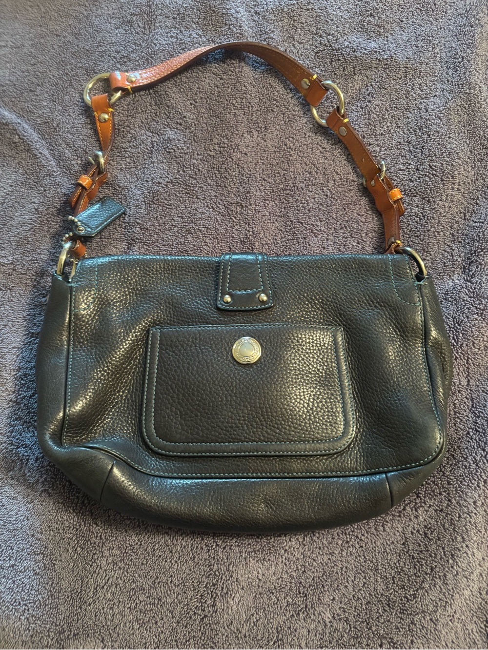 Women's Coach Black Leather Shoulder Bag with Tan Strap - Picture 2 of 6